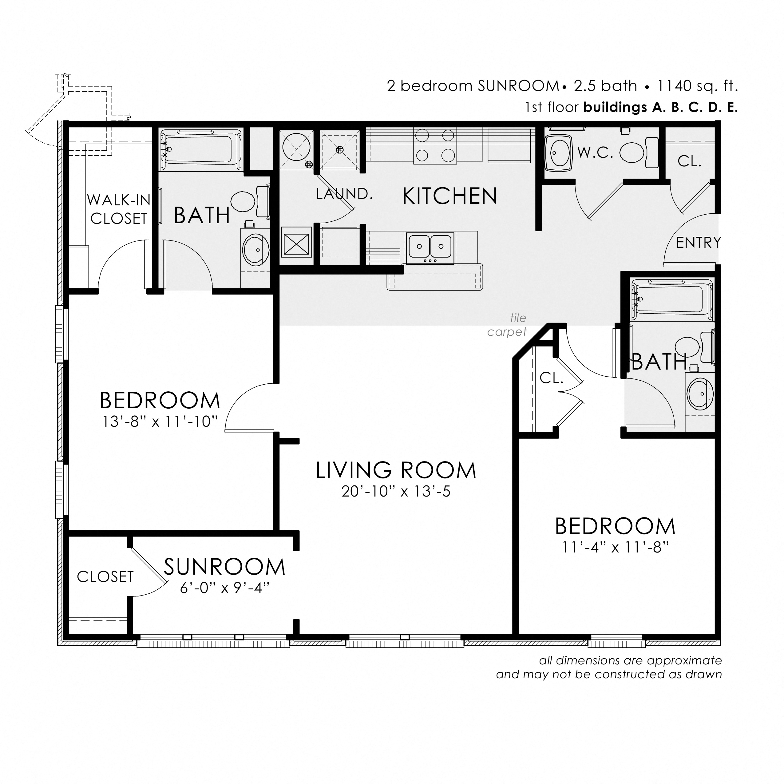 Floor plan for 2 beds, 2.5 baths, 1140 sqft